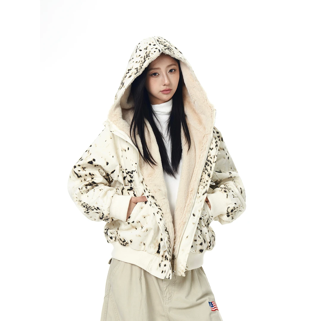 BLACKLISTS美式复古做旧豹纹座山雕连帽棉服男女冬季加绒独特外套