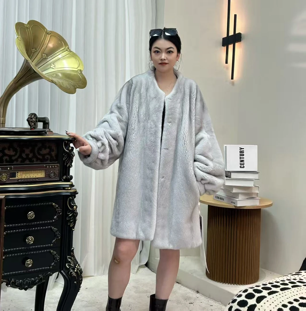 进口丹麦紫金短二天鹅绒水貂貂皮大衣女中长款圆领灯笼袖貂皮外套