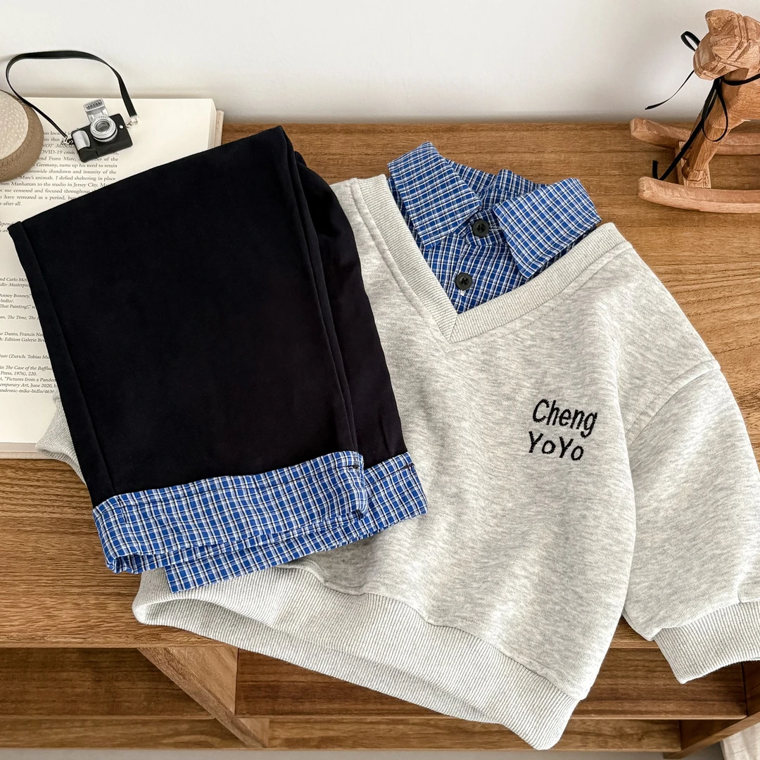 男童2025假两件套装拼接格子卫衣休闲裤韩版女宝上衣直筒裤撞色