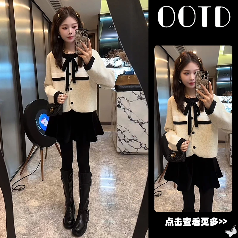 【现货】冬季穿搭一整套女2026新款圆领蝴蝶结针织开衫短裙两件套