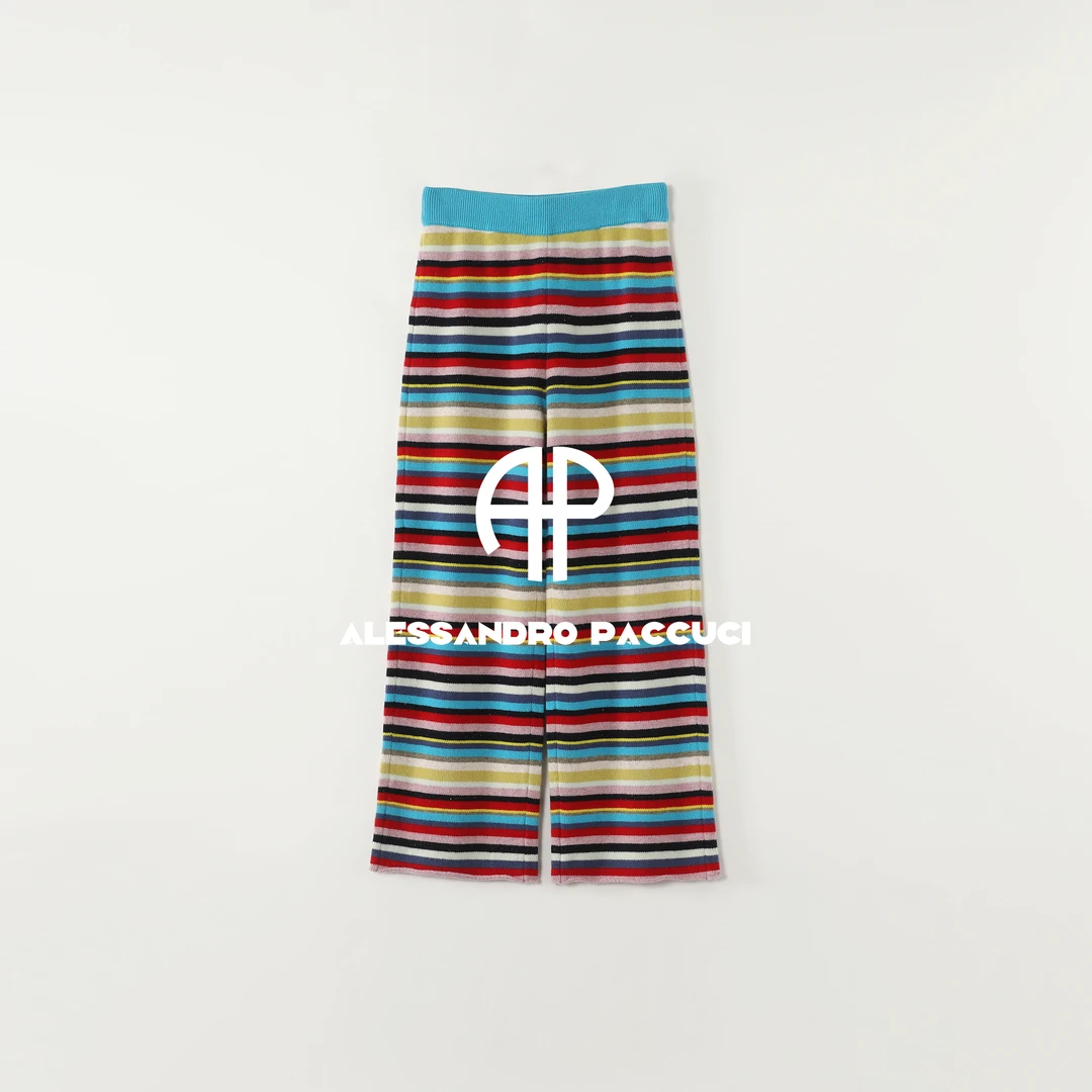 AP洛哥53212SZ【彩虹糖】100羊毛多色条纹松紧腰卷边时尚毛织裤子