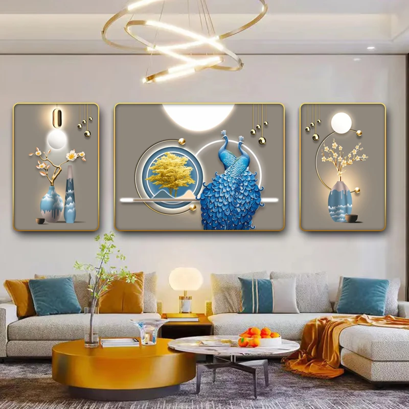 艺潮K009新中式孔雀沙发客厅背景墙高档孔雀客厅沙发三联装饰画
