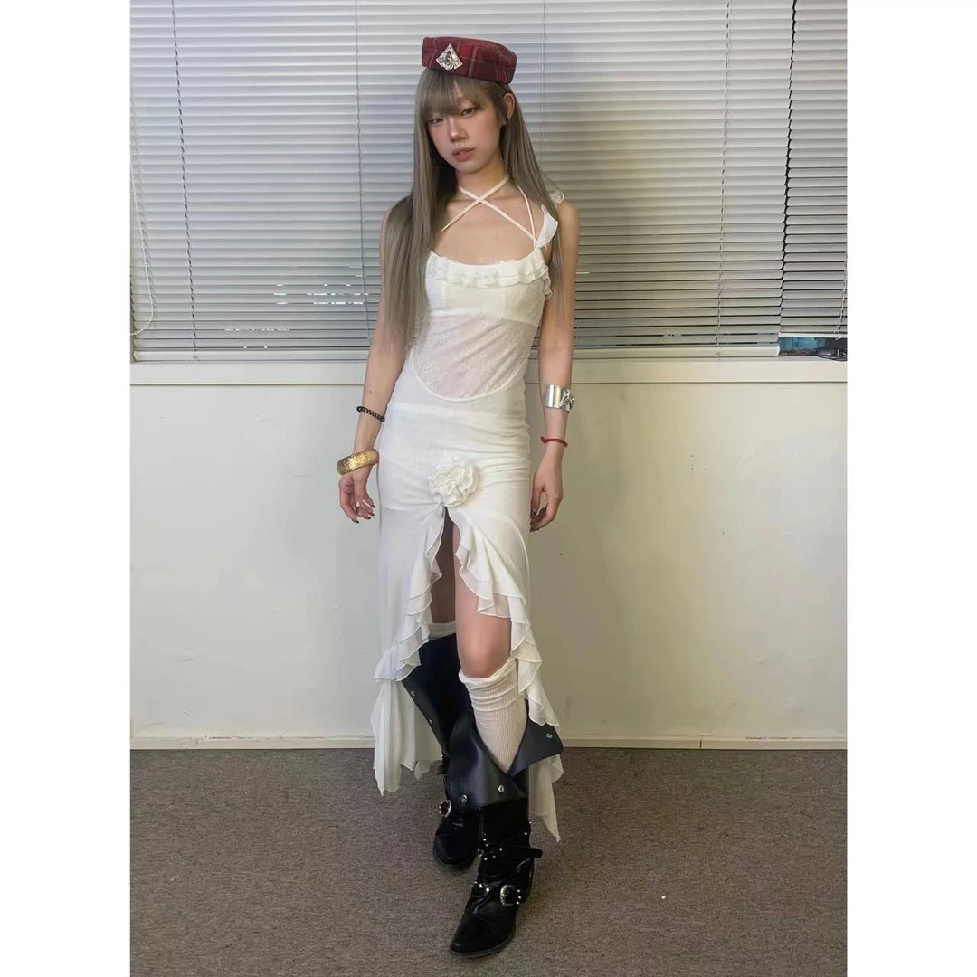 【jeong ill清清】纯欲辣妹荷叶边交叉白色网纱吊带连衣裙