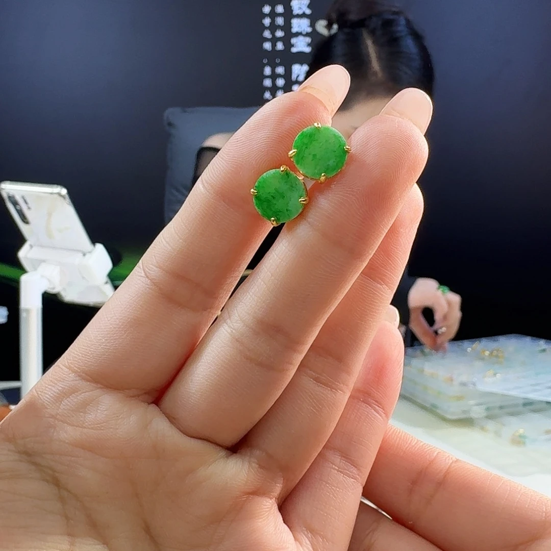 翡翠银S925镶嵌耳饰925镶嵌有纹