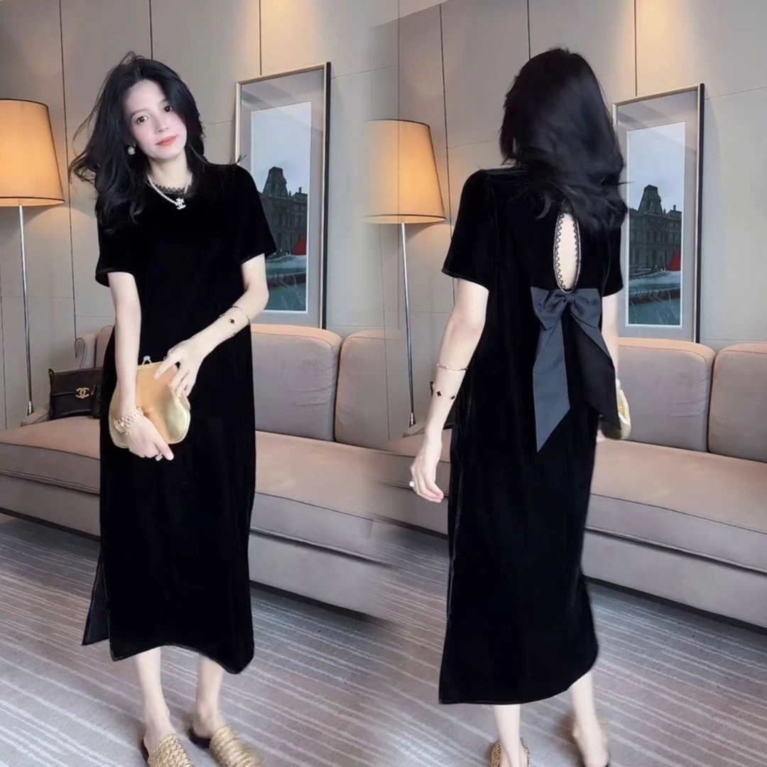 2025年夏季金丝绒美背蝴蝶结长款连衣裙女装高级感设计洋气裙子