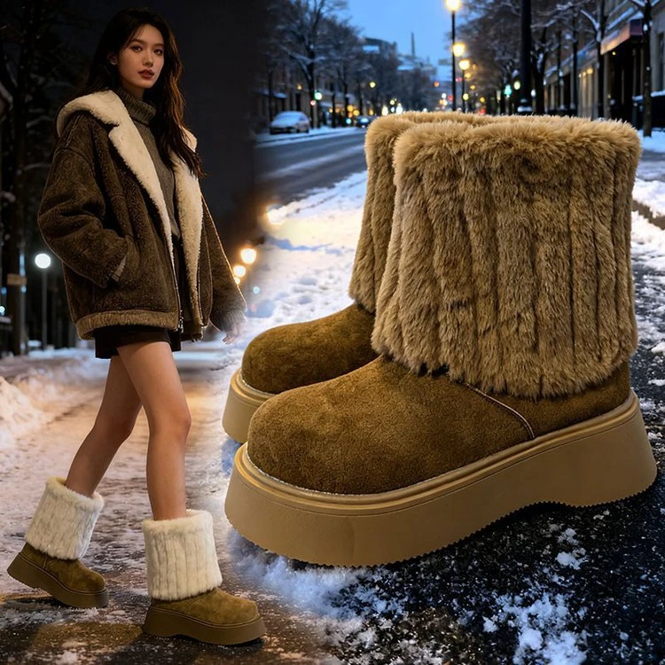 松糕厚底增高毛毛雪地靴女款2025新款秋冬加绒保暖短靴小个子棉鞋