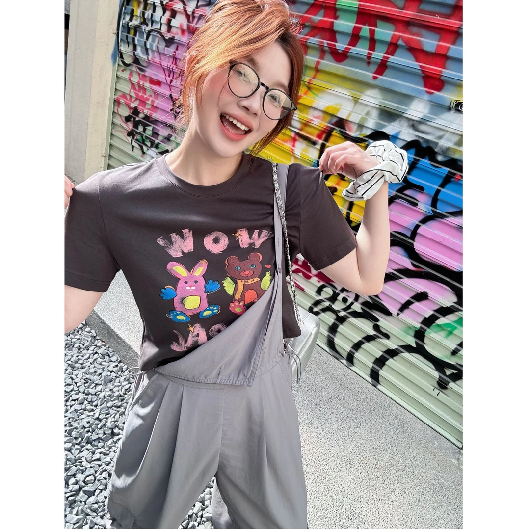 晶咕【童趣系列】胸前卡通印花圆领短袖短版T恤上衣夏季休闲