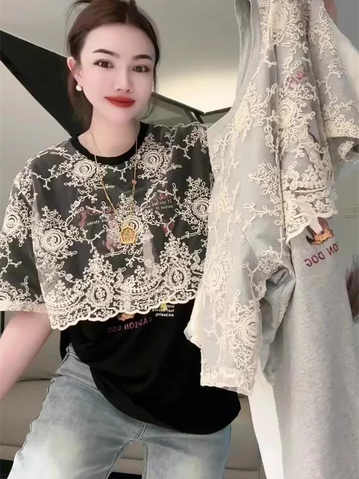 欧货2025年夏天洋气拼接蕾丝T恤衫女宽松百搭短袖上衣假两件小衫