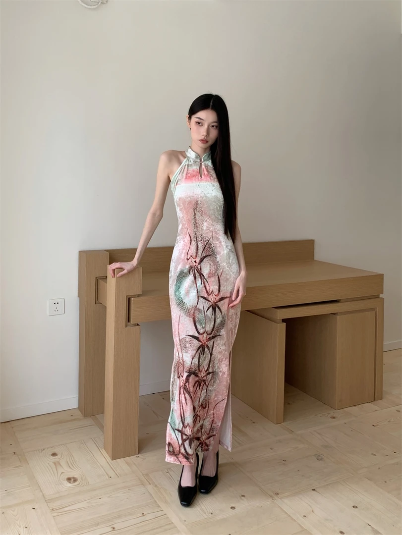 杨二大梦新中式x梭子插画师丝绒长款旗袍裙2025夏新款裙子连衣裙