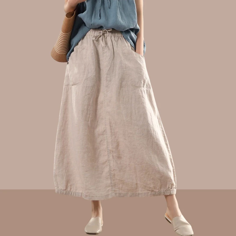 2025新款新款复古砂洗亚麻半身裙系带松紧腰显瘦A字裙中长款麻裙