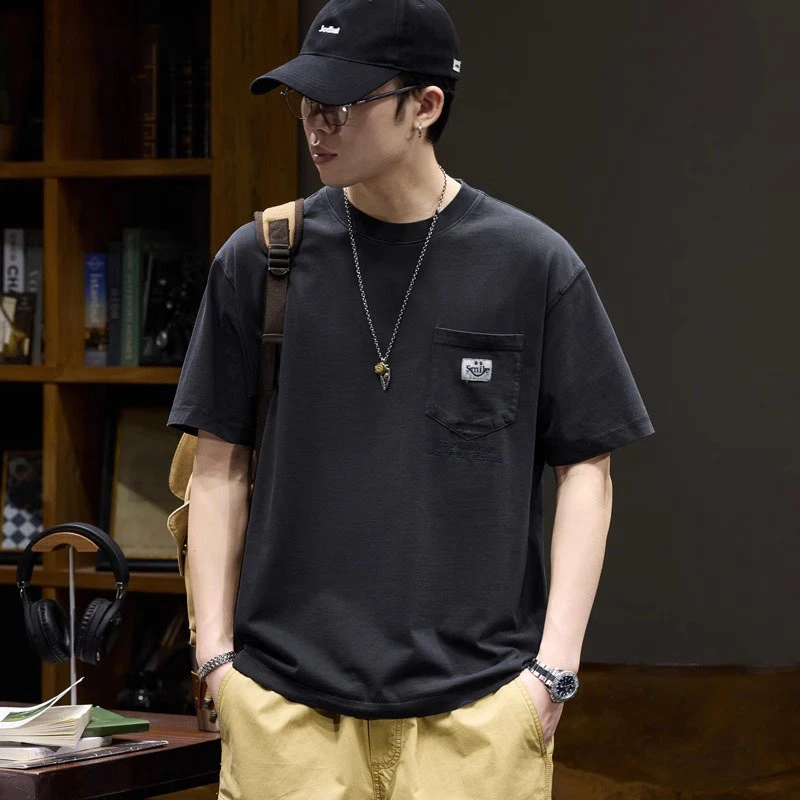 Cebrodz复古水洗做旧纯棉短袖t恤男士夏季重磅圆领口袋刺绣上衣