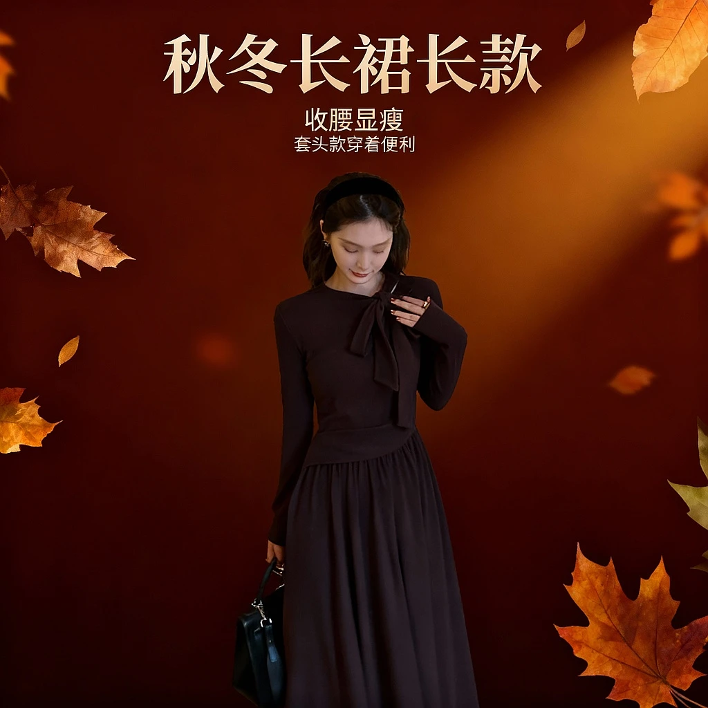 D113455M温柔气质法式韩系显瘦优雅收腰连衣裙秋冬长裙长款
