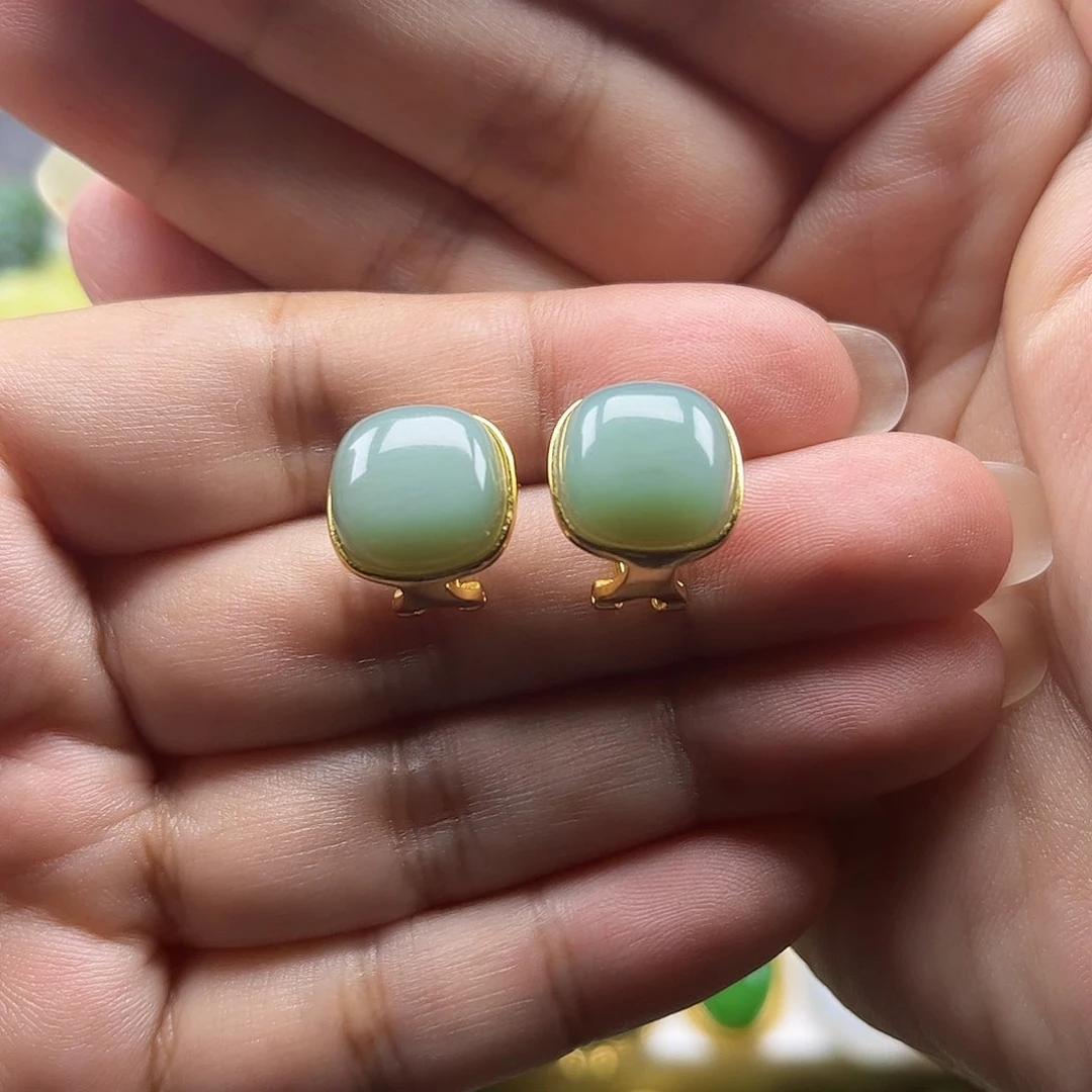 和田玉（碧玉）银S925镶嵌耳饰