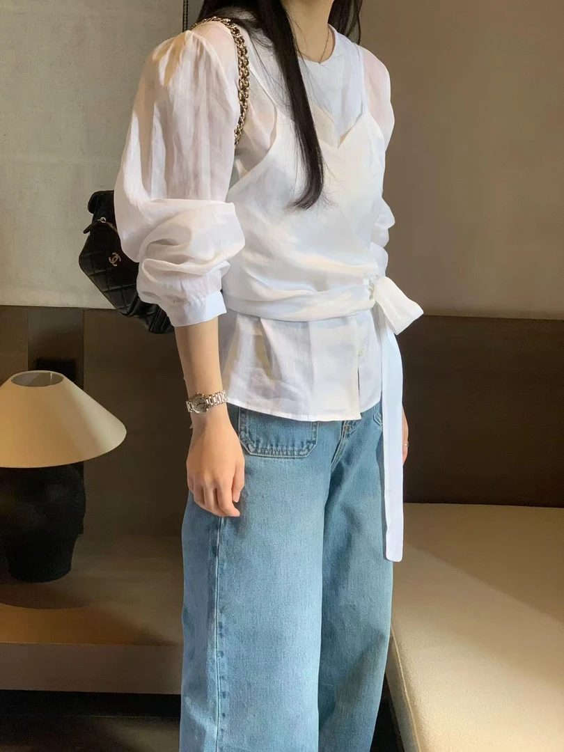 2025春季新款韩系氛围感穿搭绝美收腰系带百搭衬衫吊带两件套装女