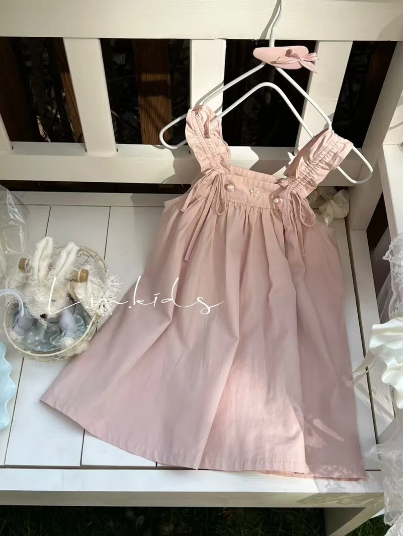 纯色女童可爱卡通薄款连衣裙25年夏季蝴蝶结甜美连衣裙时尚粉色