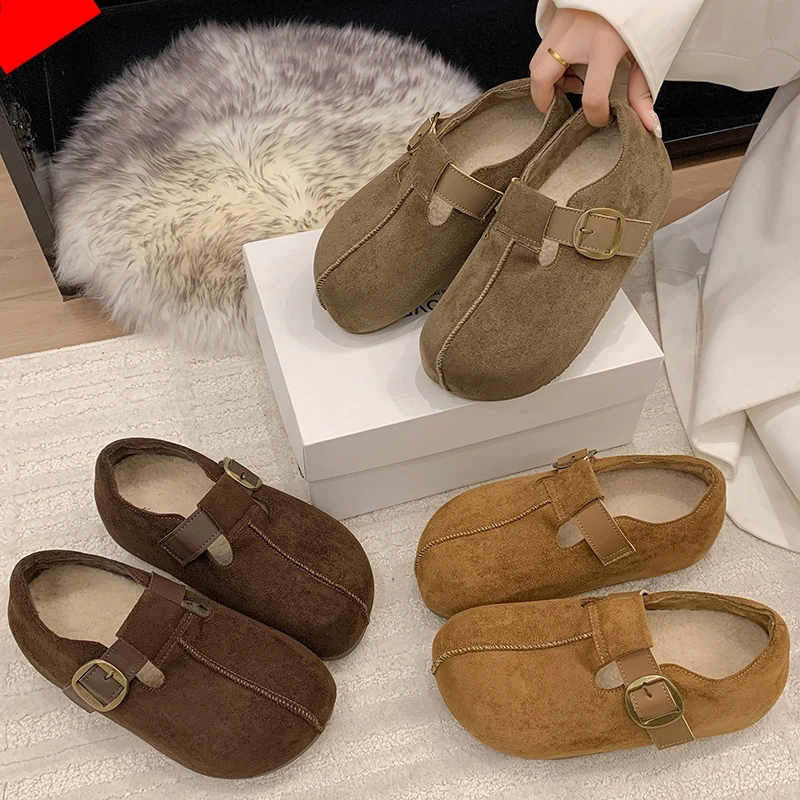 复古加绒勃肯鞋女外穿2025秋冬新款厚底内增高一脚蹬乐福鞋女棉鞋