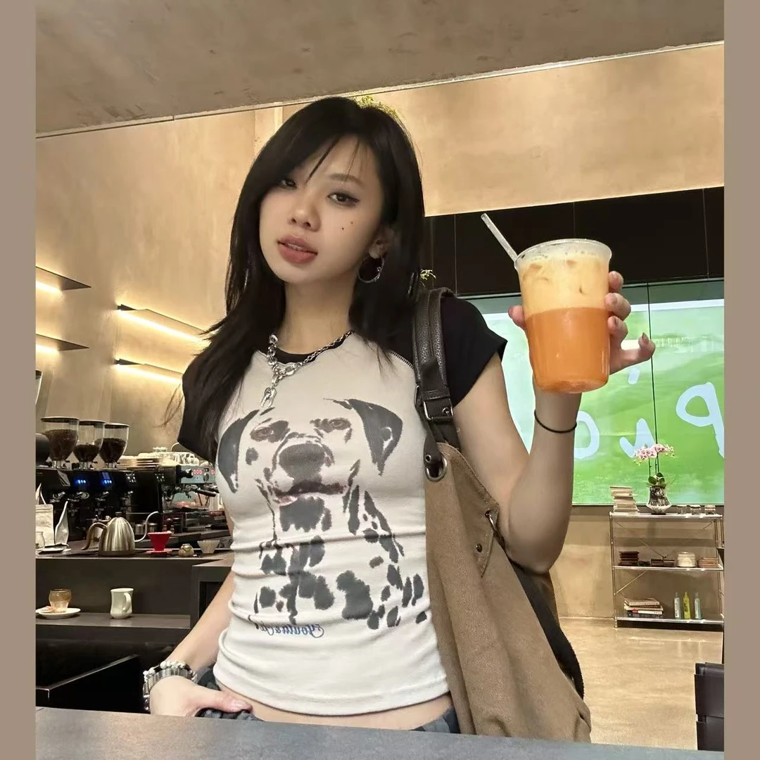 "恶魔小狗"|虎皮卷棉质印花小狗正肩短袖两色上衣#S25540