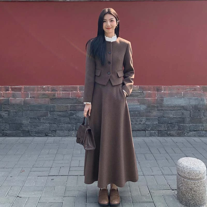 【两件套】【有里布】毛呢外套女秋冬修身气质小个子半裙套装DM0110