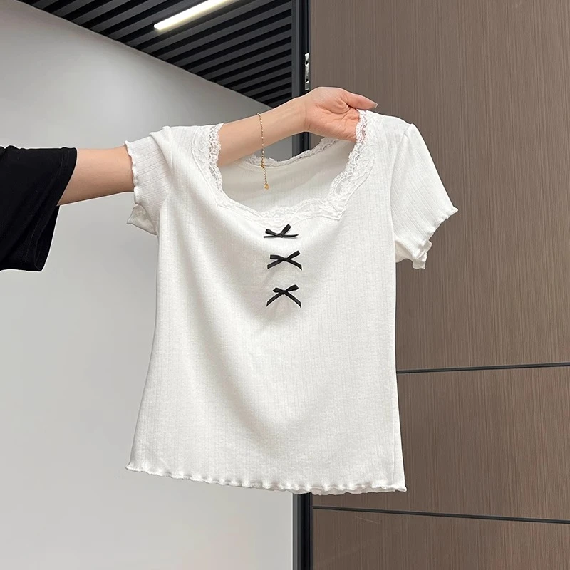 纯欲蕾丝拼接短袖T恤女夏季新款蝴蝶结设计修身2025流行内搭上衣