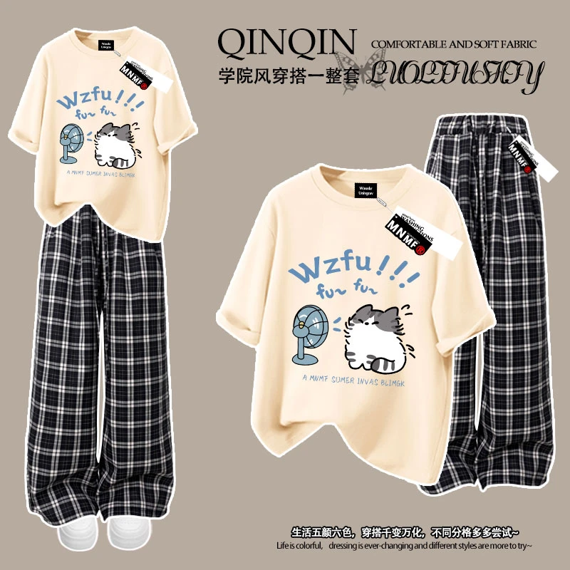 夏季装男女童套装洋气韩版小猫印花字母纯棉短袖T恤格子裤中大童