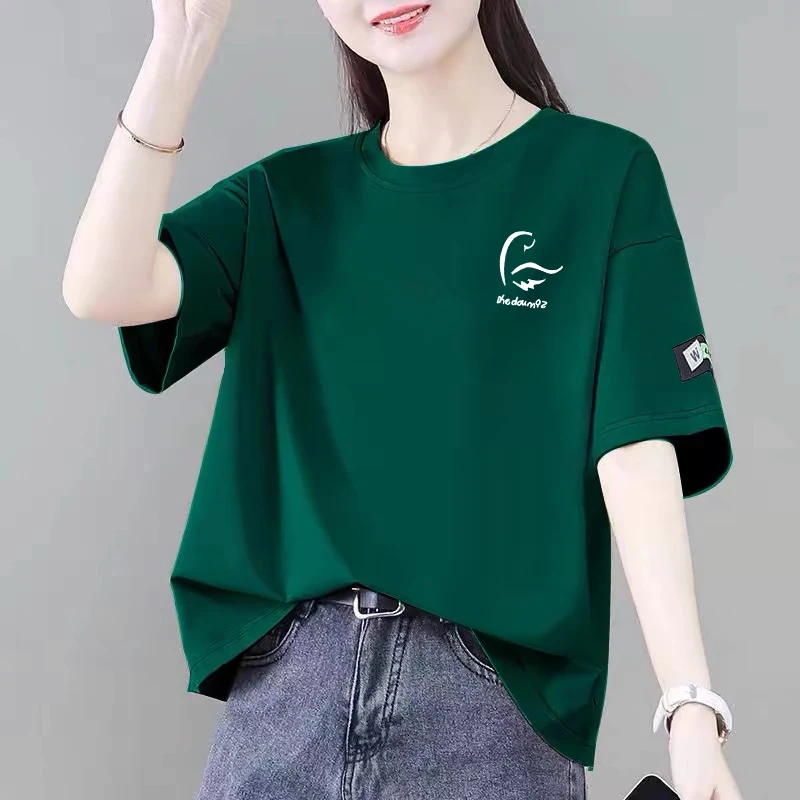 100%纯棉短袖t恤女夏季新款韩版宽松显瘦减龄遮肚时尚百搭体恤潮