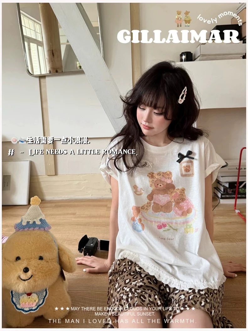 小熊家 夏季薄款短袖短裤卡通豹纹花边小熊睡衣家居服7931