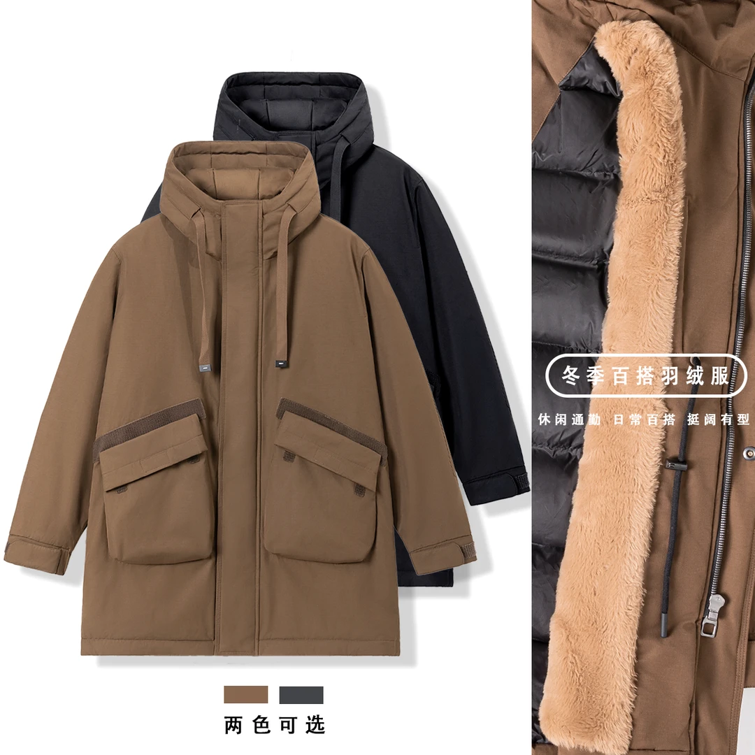 90白鸭绒冬季保暖连帽中长款工装羽绒服外套2900