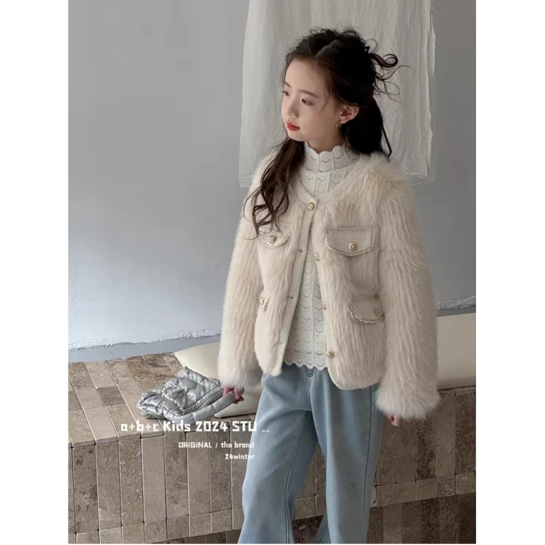 【仿皮草】韩版女童装儿童中大童冬季时髦甜美夹棉毛毛外套大衣