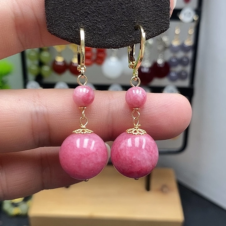 菱锰矿（红纹石）银S925镀金镶嵌耳钉尺寸14mm