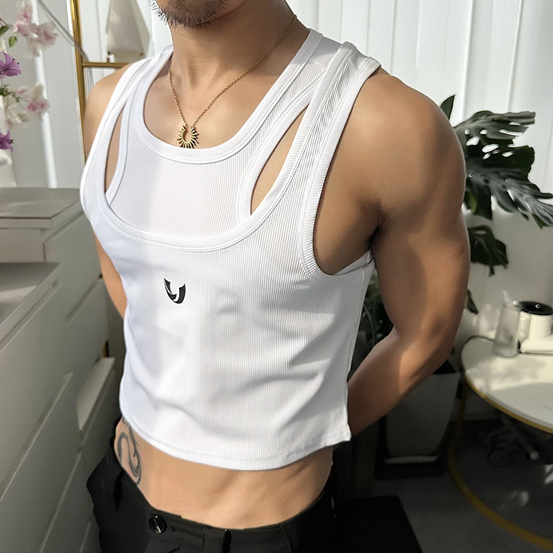 辉先生夏季男士性感不规则背心休闲运动健身吊带背心分体两件套