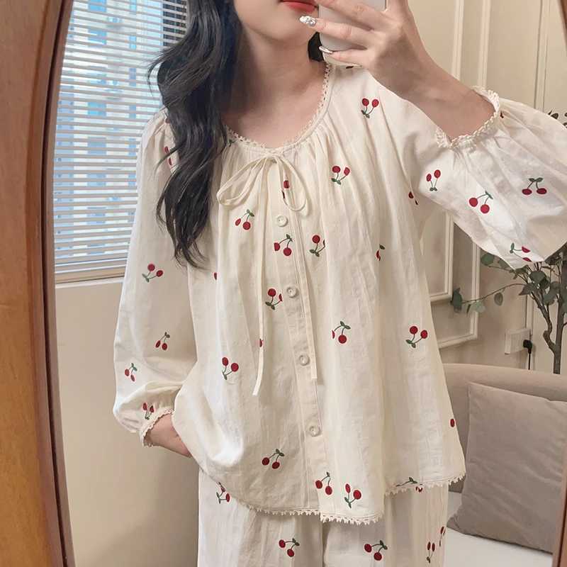 【5738樱桃】春季甜美长袖纯棉可外穿公主家居服睡衣宽松
