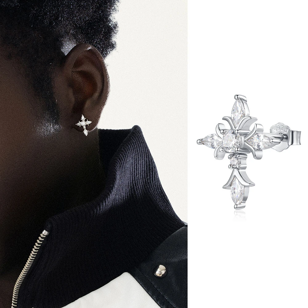 ACITY 925银耳饰 喜城纯银锆石鸢尾花十字架耳钉男女轻奢镶钻耳环