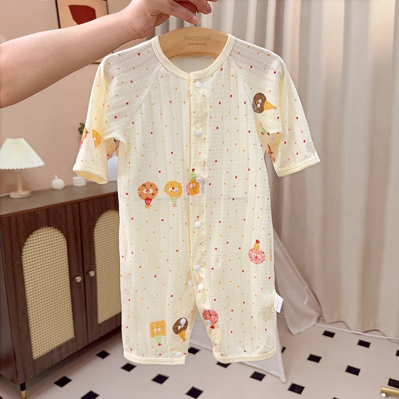 婴儿羽纱棉长袖空调服男女宝宝纯棉连体衣后背网眼爬服新生儿睡衣