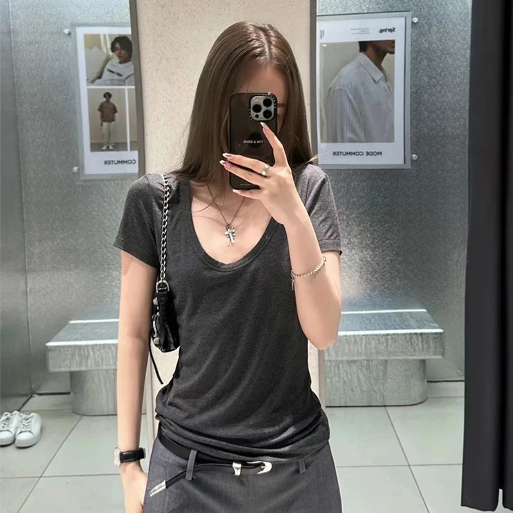 1150-正肩大U领短袖T恤女夏季修身显瘦简约新款白色上衣潮纯色棉