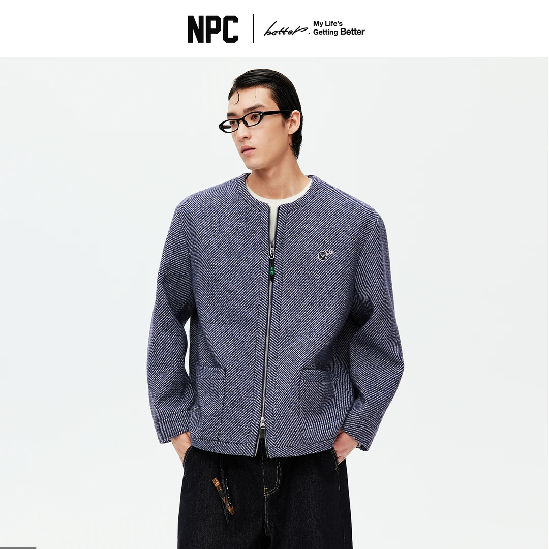 NPC潮牌【青花鹤福】新中式无领格纹拉链开衫夹克小香风NP59TJ04