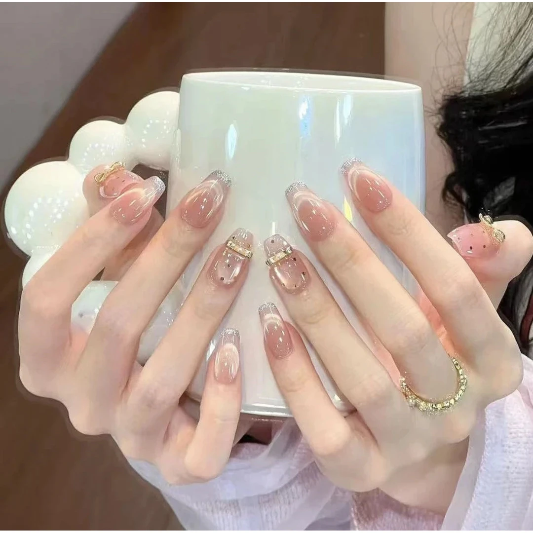 【金粉世家】纯手工裸色美甲水光猫眼穿戴甲波点法式蝴蝶结甲贴片