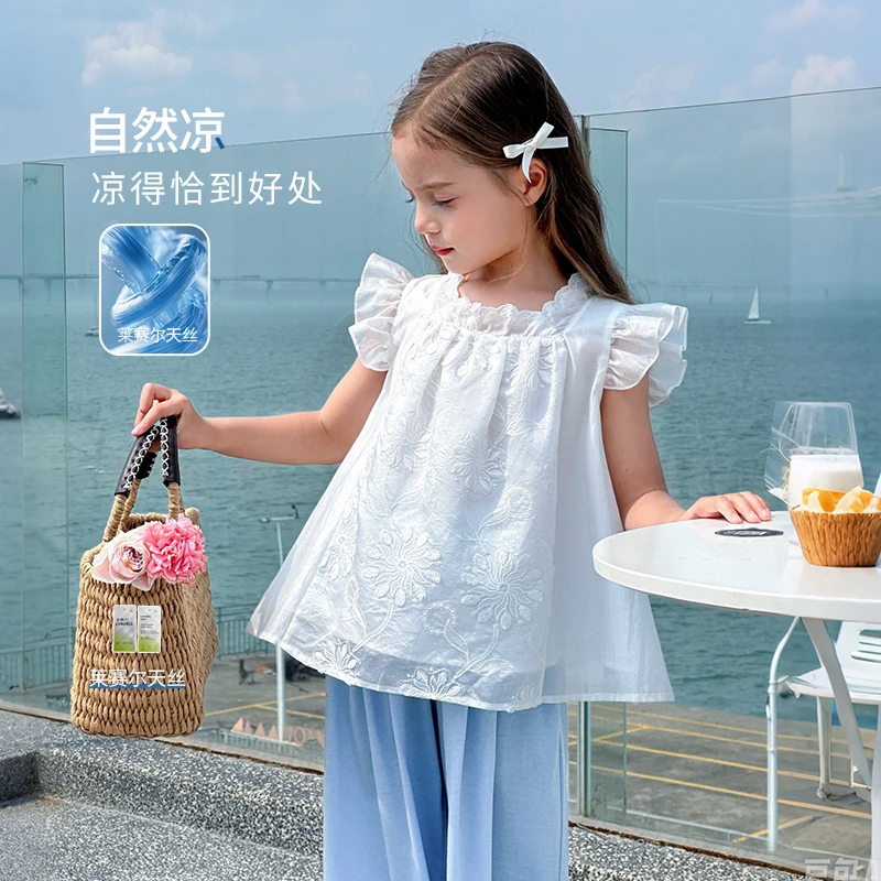 图图小象衬衫2025夏季新款女童娃娃衫小飞袖亲子装上衣GBXT392