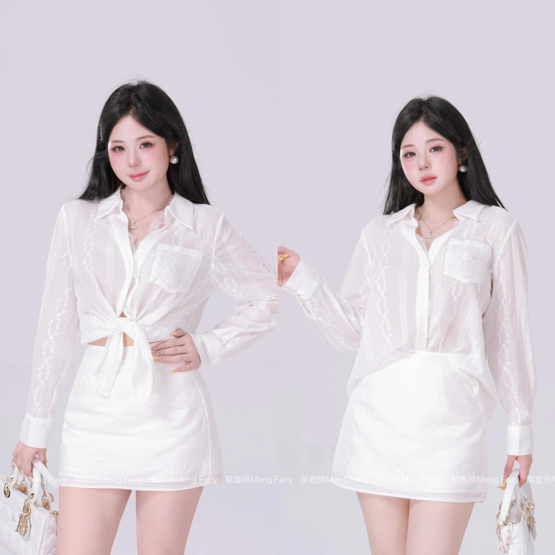 现货萌面侠 【豆蔻少女】100棉镂空设计衬衫半裙套装5535M5536M