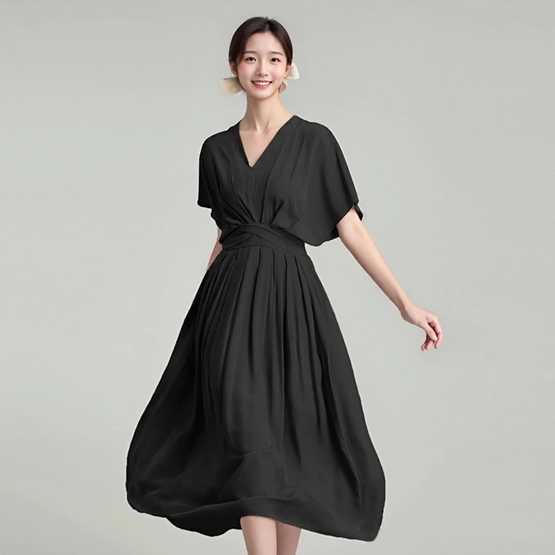 法式收腰V领显瘦黑色中长款连衣裙 89525006