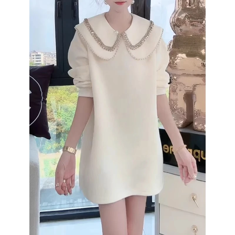 中长款重工镶钻娃娃领卫衣女时尚洋气甜美减龄简约百搭上衣潮7466