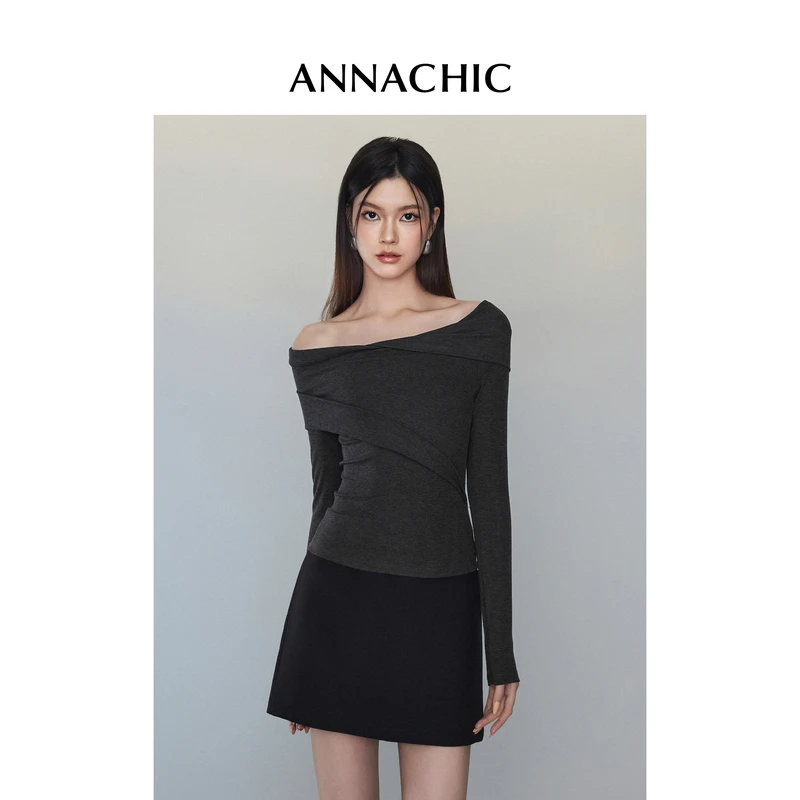 ANNACHIC深花灰色一字肩性感T恤女春季新款纯欲风修身辣妹打底衫