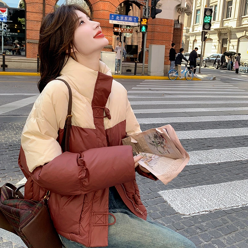 设计撞色网红90白鸭绒羽绒服外套女短款小个子加厚面包服新款