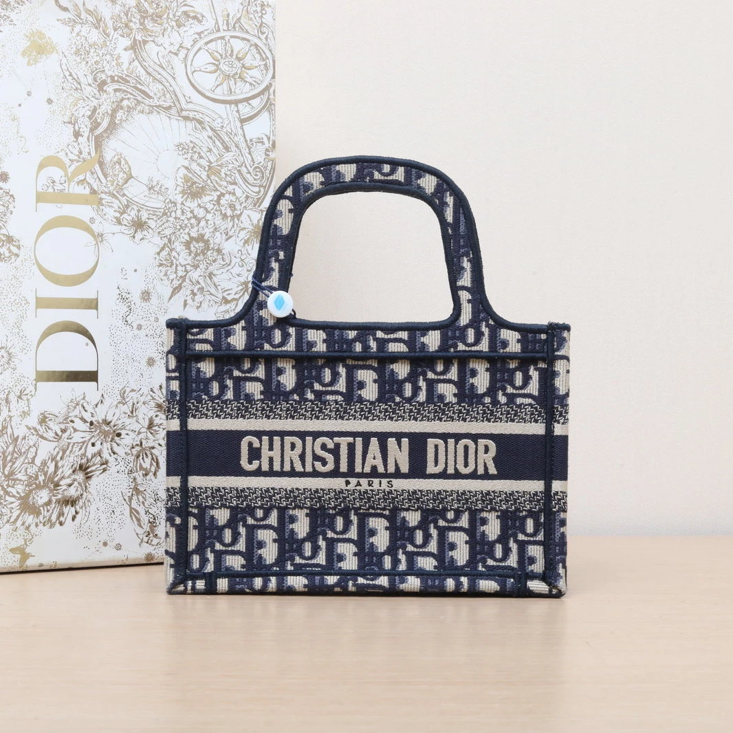95新 DIOR/迪奥 花花Book Tote 迷你 墨蓝色 帆布 印花字母刺绣