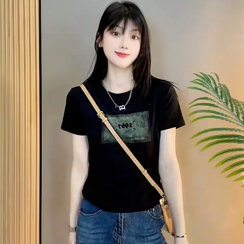 高含棉设计感字母印花短袖t恤女2025年夏季新款简约百搭显瘦上衣