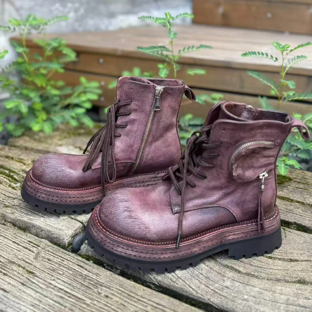 力SF爆款洋气进口全马皮厚底纯手工复古马丁靴男女款真皮百搭短靴