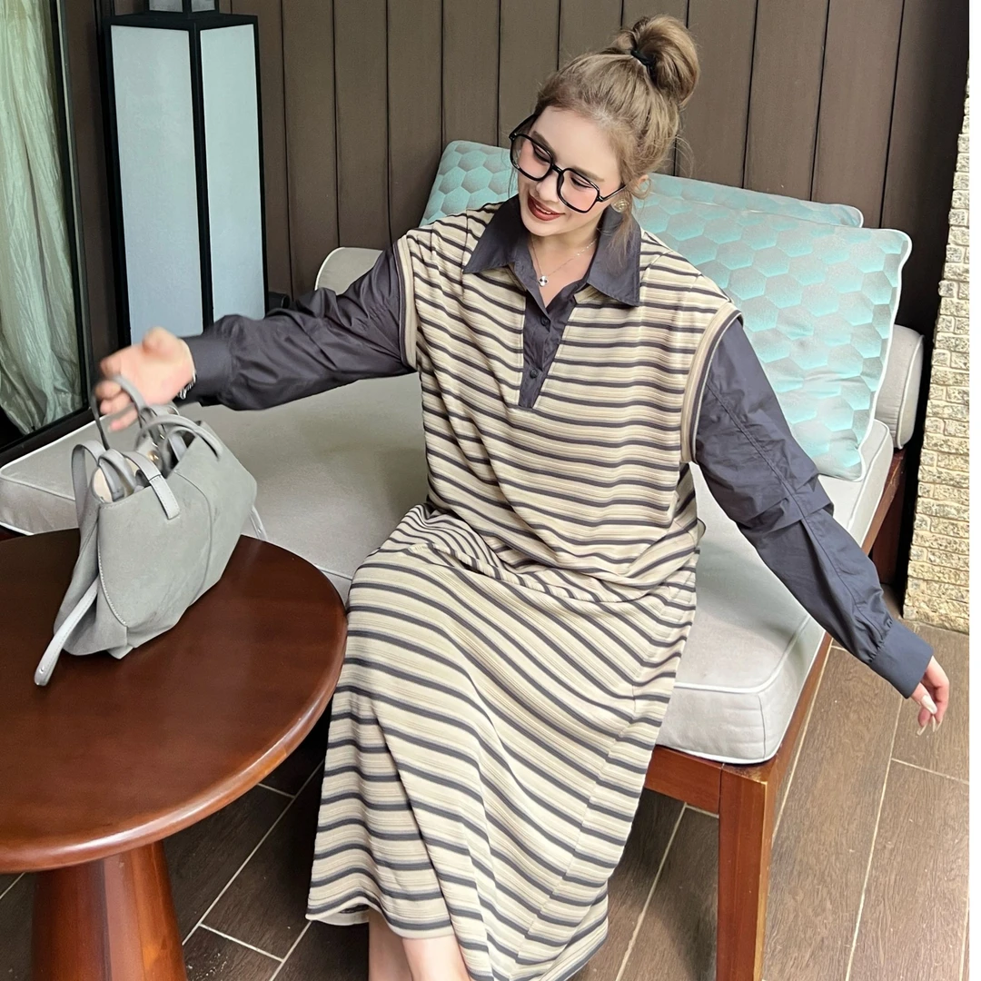 媛子大码条纹拼接假两件连衣裙韩版秋季新款时尚休闲洋气长裙