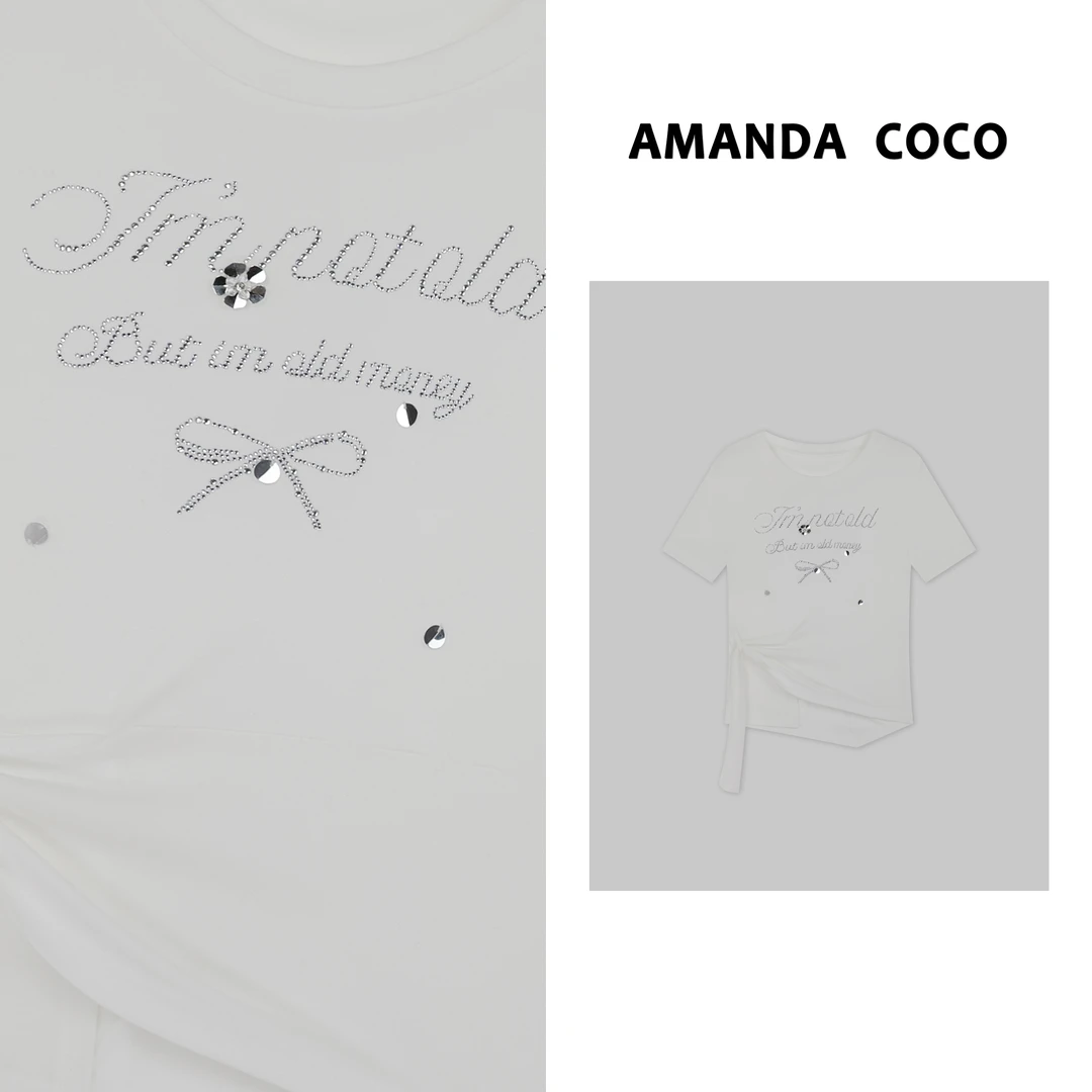 AMANDACOCO茜茜 盛夏物语～夏季凉感珠片字母烫钻显瘦绑带短袖T恤