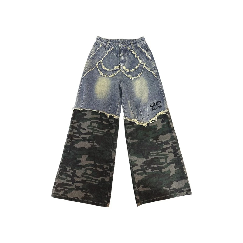 R0715潮汕美式复古水洗牛仔裤重工迷彩拼接假两件牛仔直筒长裤潮