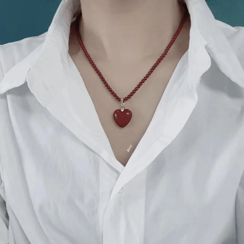 天然辰砂紫金砂全珠链爱心➕玫瑰花项链