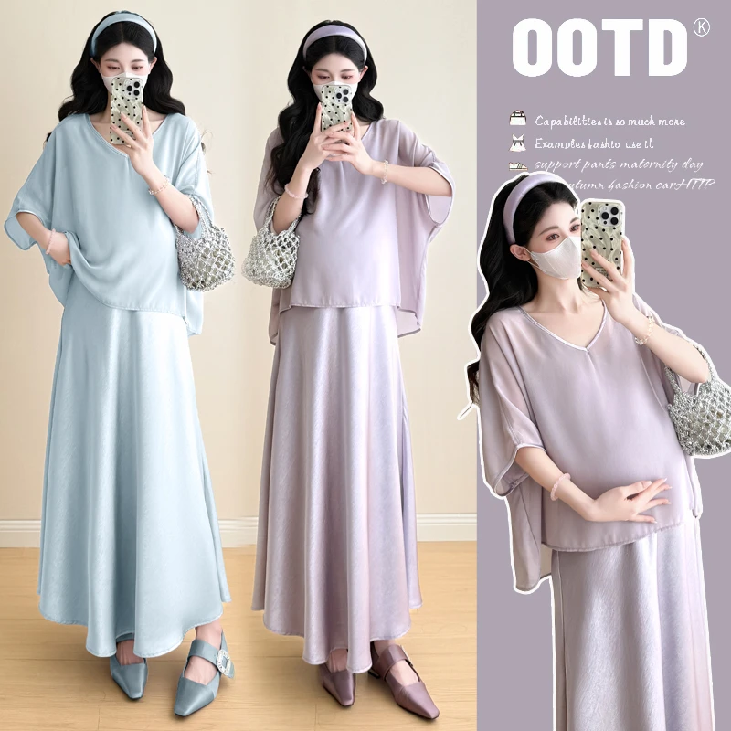 { 糕糕 }孕妇装2025夏季韩版丝滑面吊带裙+宽松罩衫上衣套装